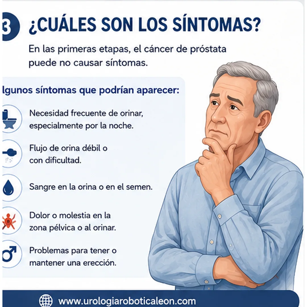 Infografía: síntomas del cáncer de próstata — necesidad frecuente de orinar, flujo débil, sangre en orina o semen, dolor pélvico y problemas de erección
